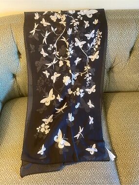 Black Floral & Butterfly Cotton and silk scarf 70” long